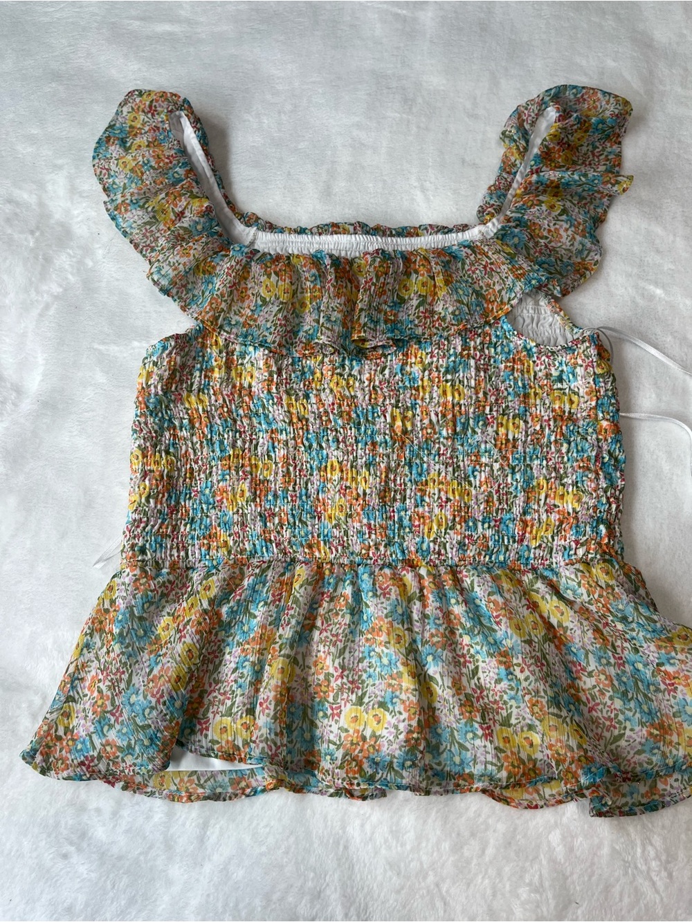 LC Lauren Conrad Floral Smocked Peplum Tank in Blue, Yellow, Green